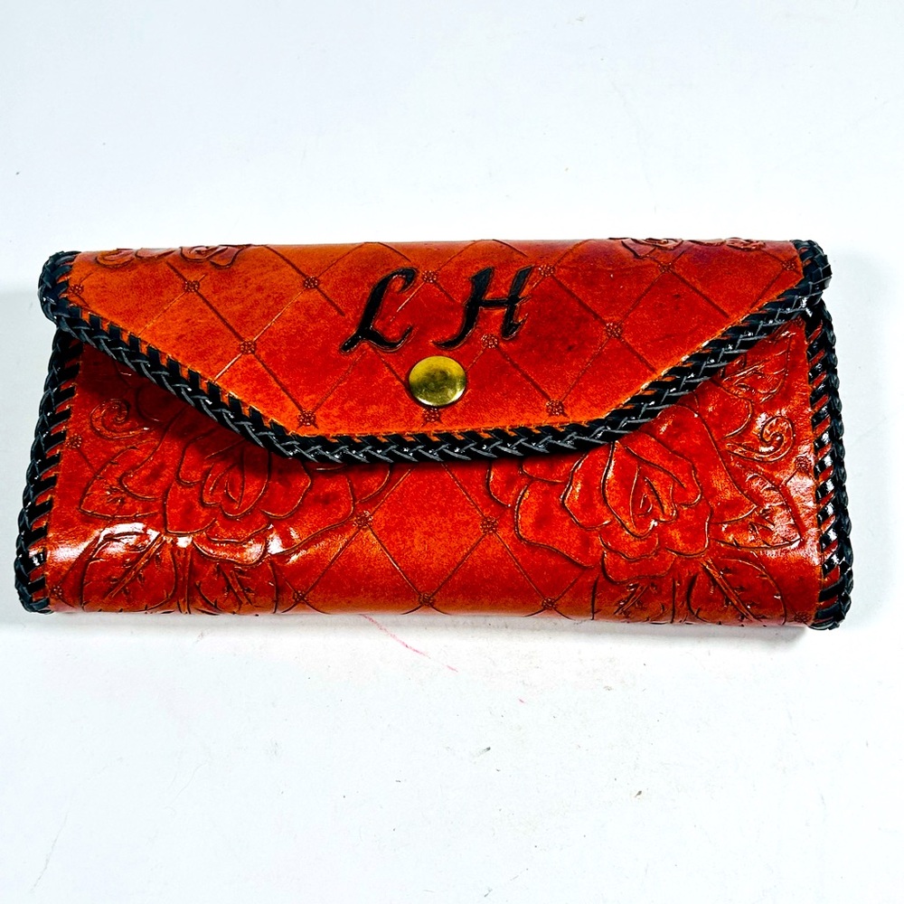 Hand Tooled Leather Floral Embossed Wallet With Initials L H